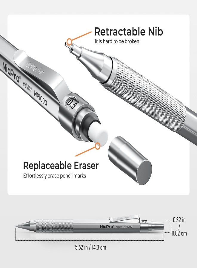 Nicpro 0.5 Mechanical Pencil Set with Case, 3PCS MP1000 Metal Artist Pencil & 8 Tube HB Lead Refills 0.5mm, 3 Erasers,9 Eraser Refills For Architect Writing Drafting, Drawing, Engineering, Sketching - Image 3