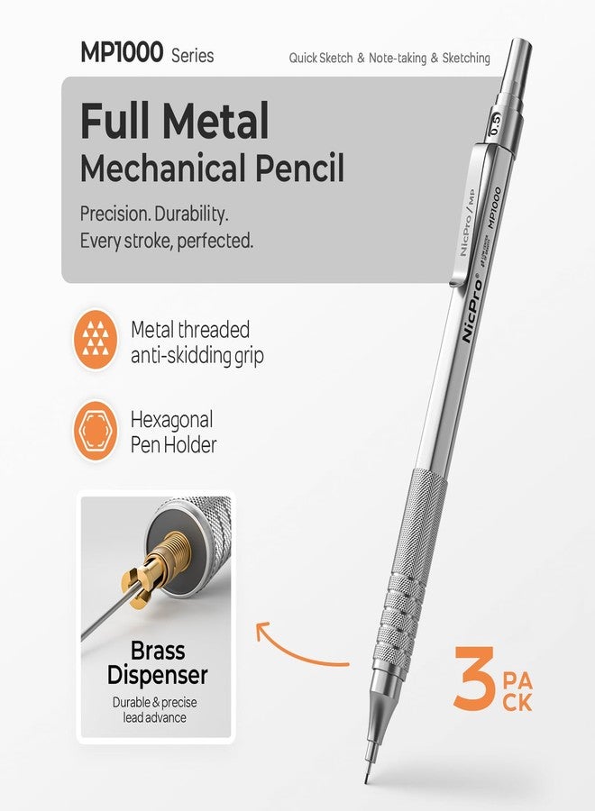 Nicpro 0.5 Mechanical Pencil Set with Case, 3PCS MP1000 Metal Artist Pencil & 8 Tube HB Lead Refills 0.5mm, 3 Erasers,9 Eraser Refills For Architect Writing Drafting, Drawing, Engineering, Sketching - Image 2