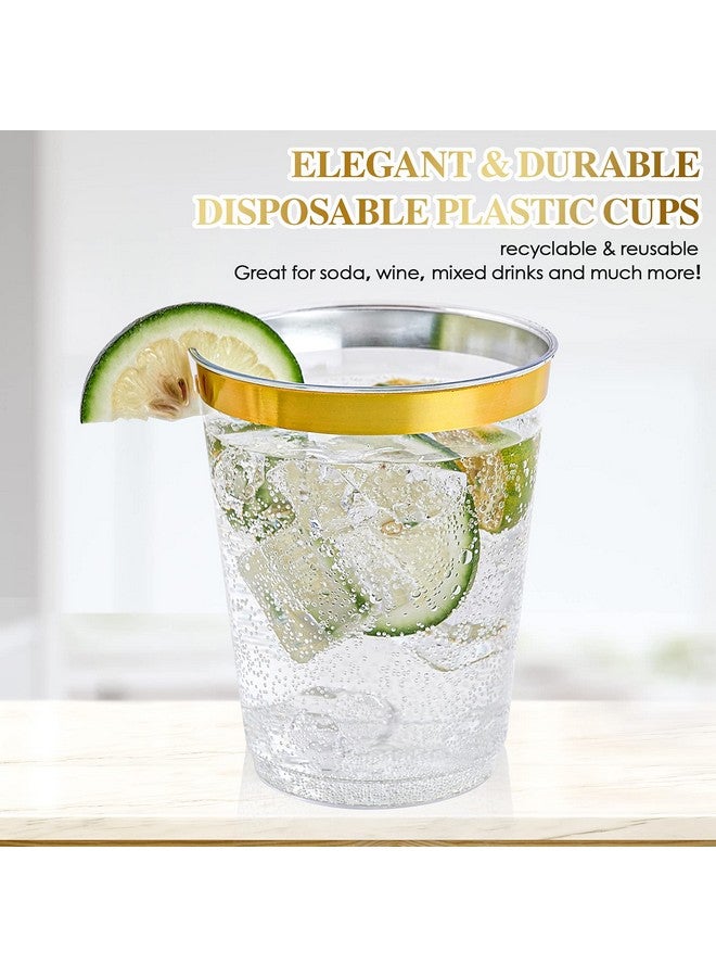 FOCUSLINE 10 oz Gold Plastic Cups, Disposable Clear Fancy Hard Plastic Cups, Gold Rimmed, Heavy Duty, Reusable,100 Count - Image 3