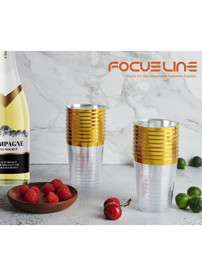 FOCUSLINE 10 oz Gold Plastic Cups, Disposable Clear Fancy Hard Plastic Cups, Gold Rimmed, Heavy Duty, Reusable,100 Count - Image 2