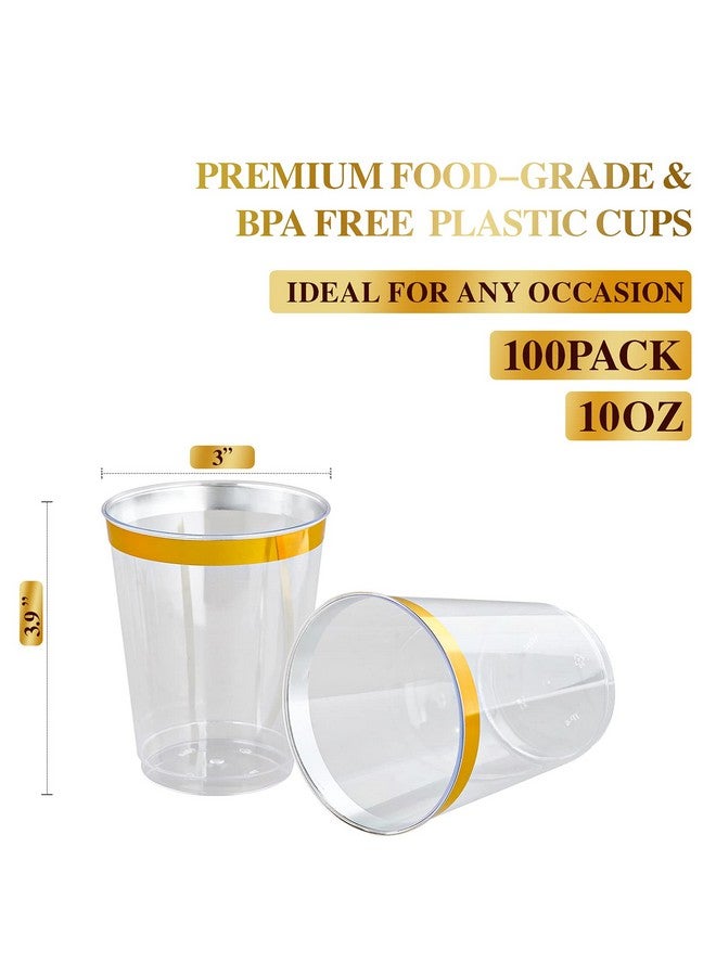 FOCUSLINE 10 oz Gold Plastic Cups, Disposable Clear Fancy Hard Plastic Cups, Gold Rimmed, Heavy Duty, Reusable,100 Count - Image 1