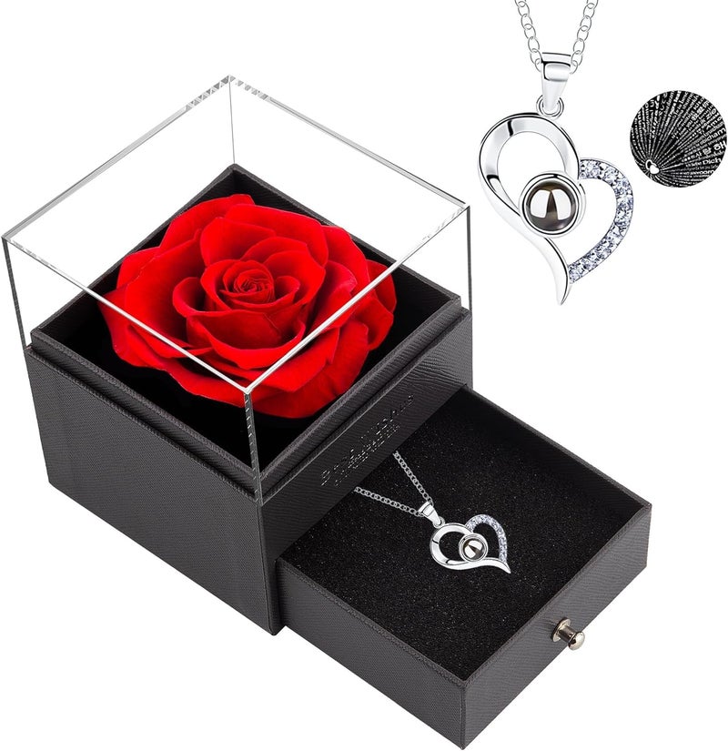 JIVRIX Forever Red Real Rose - with Aromatherapy Necklace, Eternal Rose Flowers & Heart Necklace Gift with I LOVE YOU in 100 Languages Necklace Romantic Gifts for Mothers Day, Birthday & Women. - Image 1
