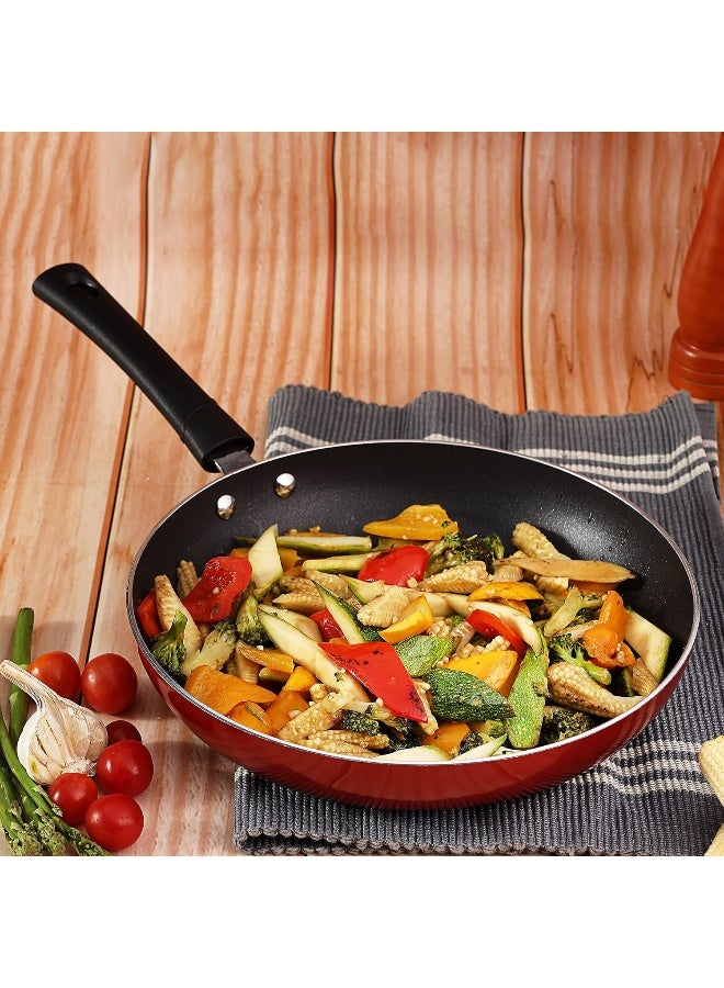 VINOD مجموعة أواني الطهي غير اللاصقة الشهيرة من فينود 3 قطع - كاداي مع غطاء 24 سم (2.4 لتر)، مقلاة 24 سم، طاوة دوسا 28 سم مع مقبض باكليت متين ومربوط، مناسبة للغاز والموقد الكهربائي - أحمر - Image 3