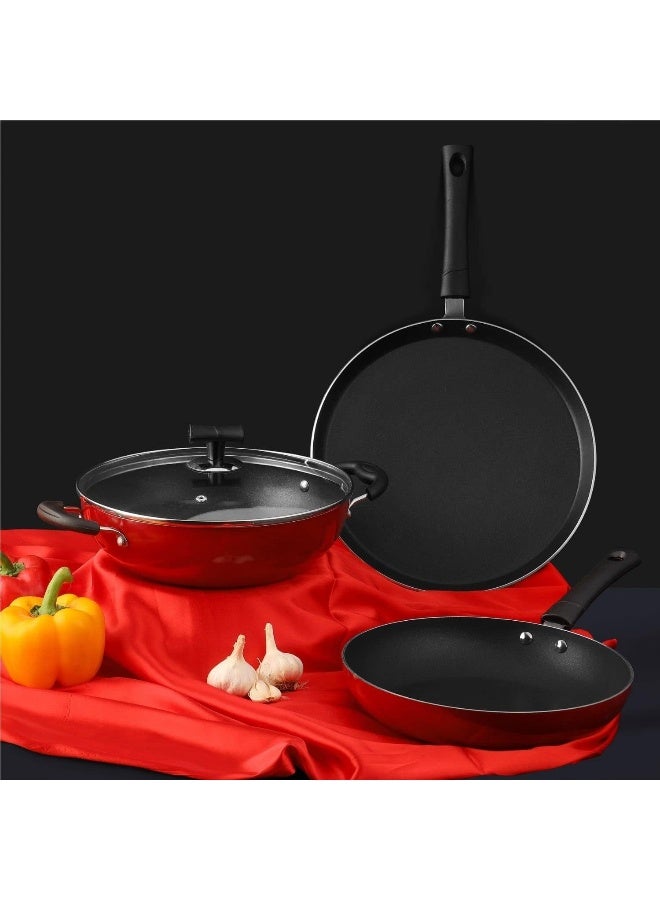 VINOD مجموعة أواني الطهي غير اللاصقة الشهيرة من فينود 3 قطع - كاداي مع غطاء 24 سم (2.4 لتر)، مقلاة 24 سم، طاوة دوسا 28 سم مع مقبض باكليت متين ومربوط، مناسبة للغاز والموقد الكهربائي - أحمر - Image 2