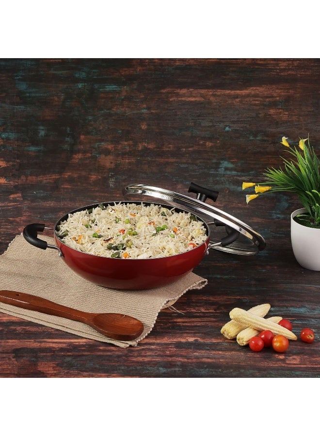 VINOD مجموعة أواني الطهي غير اللاصقة الشهيرة من فينود 3 قطع - كاداي مع غطاء 24 سم (2.4 لتر)، مقلاة 24 سم، طاوة دوسا 28 سم مع مقبض باكليت متين ومربوط، مناسبة للغاز والموقد الكهربائي - أحمر - Image 4