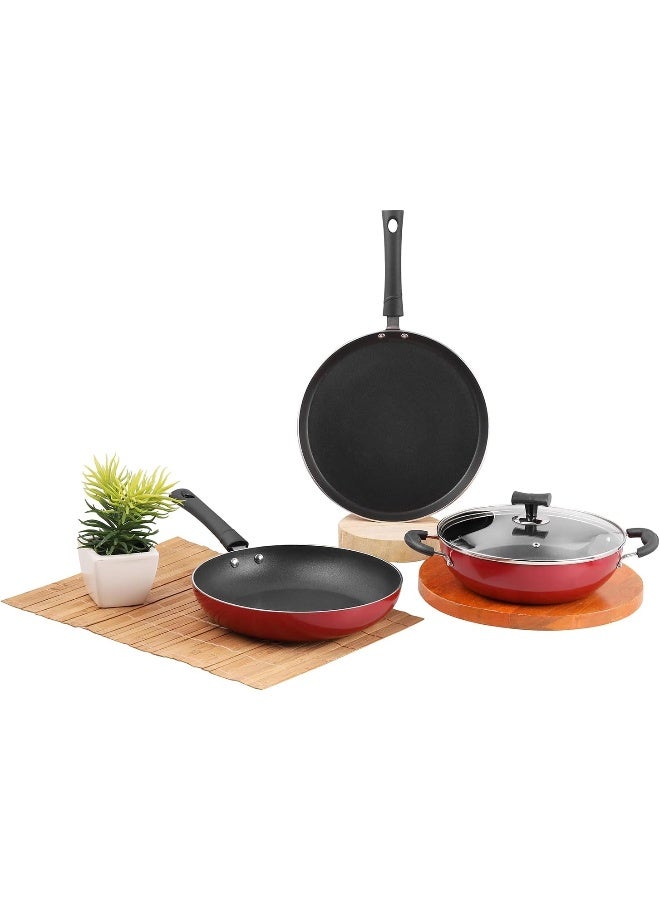 VINOD مجموعة أواني الطهي غير اللاصقة الشهيرة من فينود 3 قطع - كاداي مع غطاء 24 سم (2.4 لتر)، مقلاة 24 سم، طاوة دوسا 28 سم مع مقبض باكليت متين ومربوط، مناسبة للغاز والموقد الكهربائي - أحمر - Image 1
