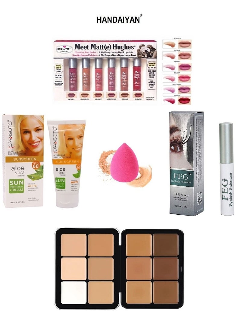 Handaiyan Face Makeup Essentials Set: Sponge + Eyelash Serum + Sunscreen + Creamy Contour Palette + Lipstick Set - Image 1