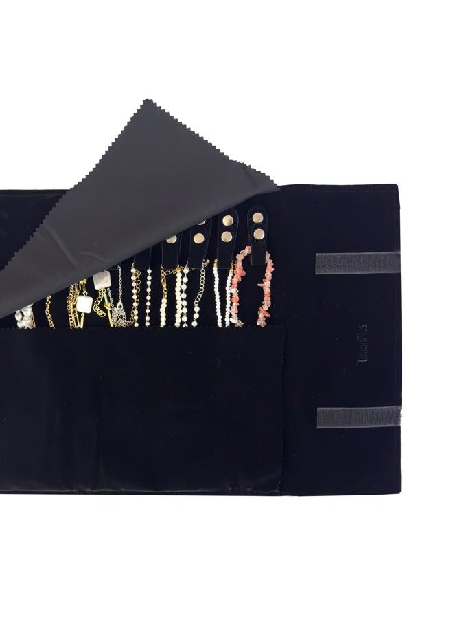 UnionPlus Velvet Travel Jewelry Roll Bag Organizer for Necklaces, Elastic Band and Anti-winding, Large, Black - Image 3