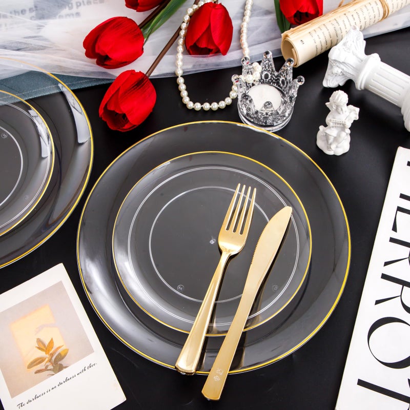PULOTE 100PCS Clear and Gold Plastic Plates - Heavy Duty Clear Disposable Plastic Plates With Gold Trim for Wedding&Party Include 50 Dinner Plates, 50 Dessert Plates - Image 4