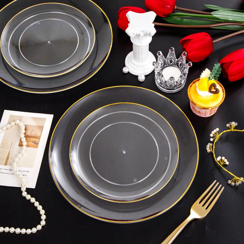 PULOTE 100PCS Clear and Gold Plastic Plates - Heavy Duty Clear Disposable Plastic Plates With Gold Trim for Wedding&Party Include 50 Dinner Plates, 50 Dessert Plates - Image 5