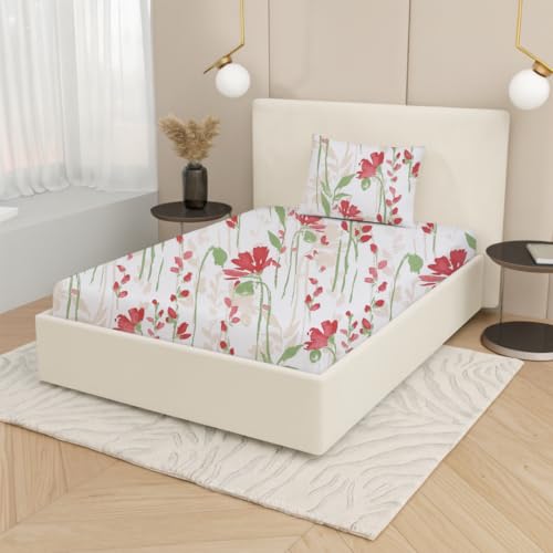 Plumora Single Bed Cotton Bedsheet with 1 Pillow Cover, 100% Pure Cotton Single Bedsheet 60×90 Inches, 240 TC Soft Breathable Floral Bed Sheet – (Cherry Flora) - Image 3