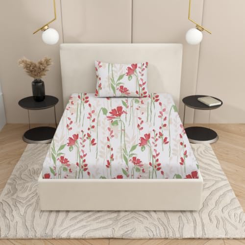 Plumora Single Bed Cotton Bedsheet with 1 Pillow Cover, 100% Pure Cotton Single Bedsheet 60×90 Inches, 240 TC Soft Breathable Floral Bed Sheet – (Cherry Flora) - Image 1