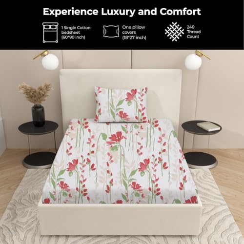 Plumora Single Bed Cotton Bedsheet with 1 Pillow Cover, 100% Pure Cotton Single Bedsheet 60×90 Inches, 240 TC Soft Breathable Floral Bed Sheet – (Cherry Flora) - Image 2