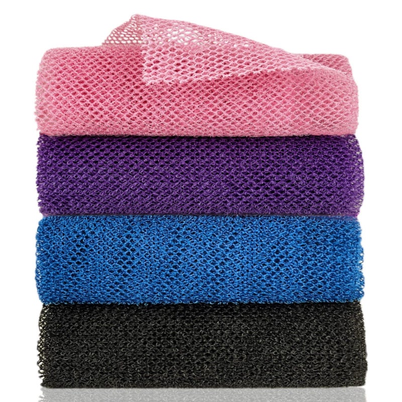 African Nylon Bath and Scrub Mesh (Pack of 4, Black, Blue, Pink, Purple) - Image 1