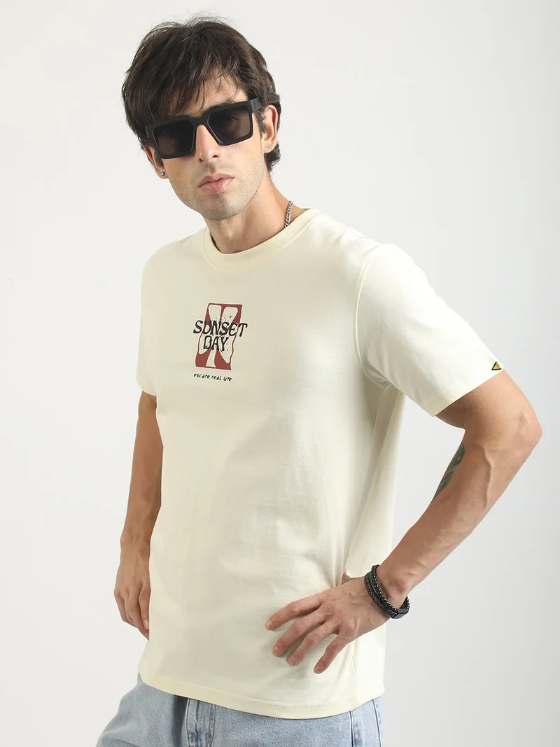 Maniac Maniac Mens Printed Round Neck Half Sleeve White and Black Cotton Polo Tshirt