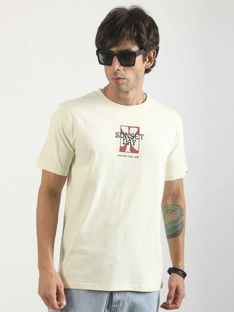 Maniac  Maniac Mens Printed Round Neck Half Sleeve White and Black Cotton Polo Tshirt for Men | Best Price UAE