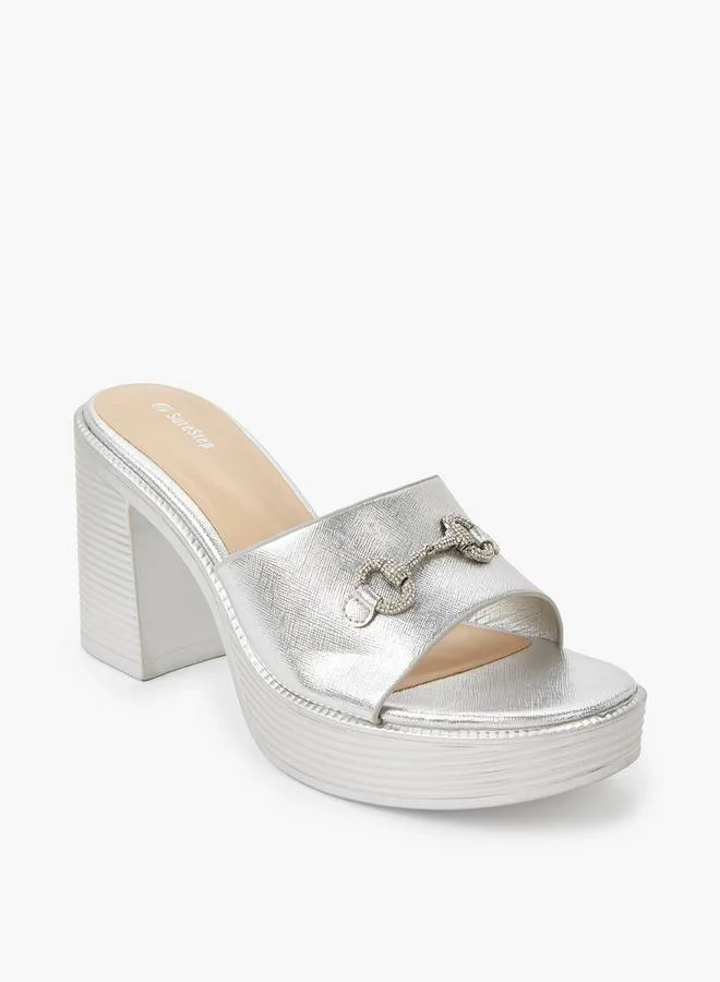 Surestep Women Lightweight Metallic Block Heel Sandals With Embellished Buckle