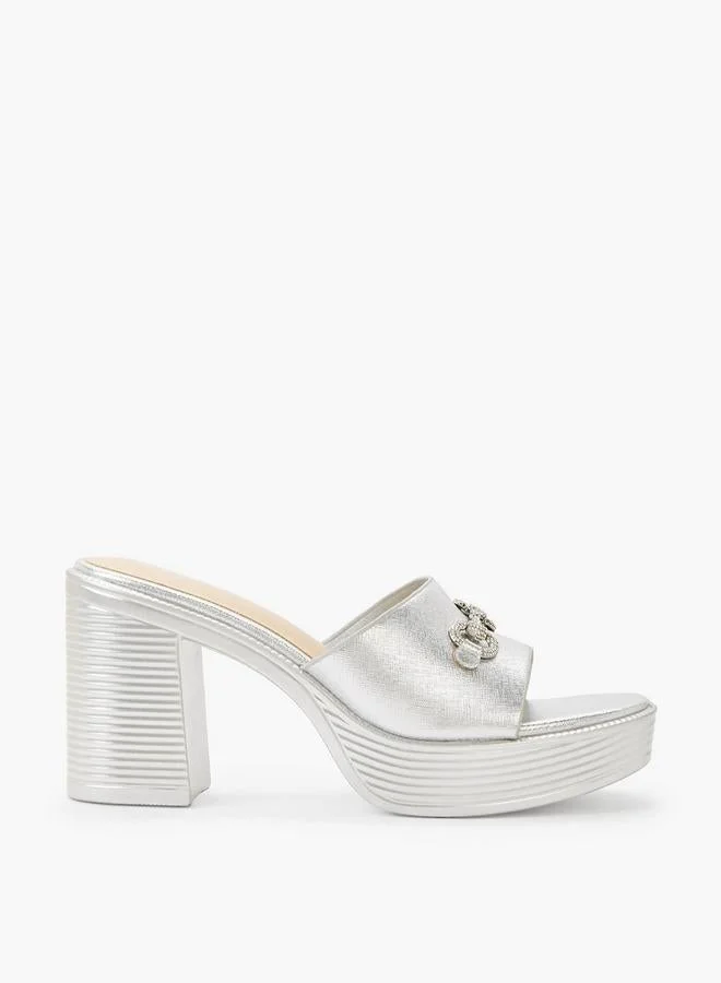 شور ستيب Women Lightweight Metallic Block Heel Sandals With Embellished Buckle