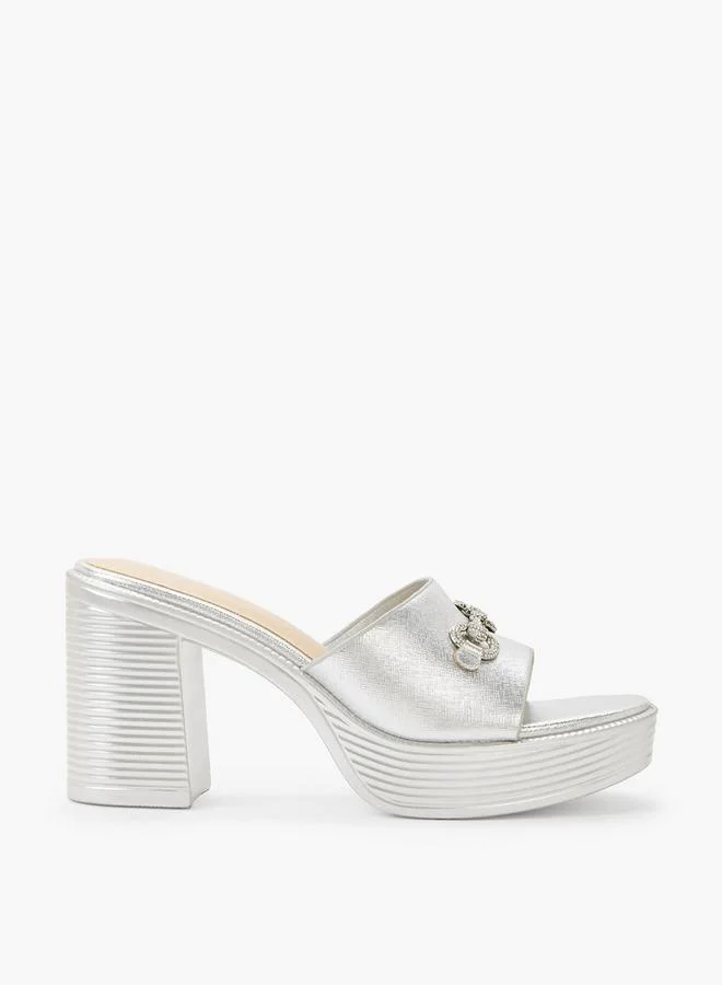 Surestep SILVER Women Lightweight Metallic Block Heel Sandals With Embellished Buckle for Women | Best Price UAE