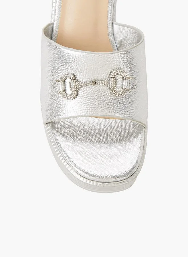 Surestep SILVER Women Lightweight Metallic Block Heel Sandals With Embellished Buckle for Women | Best Price UAE