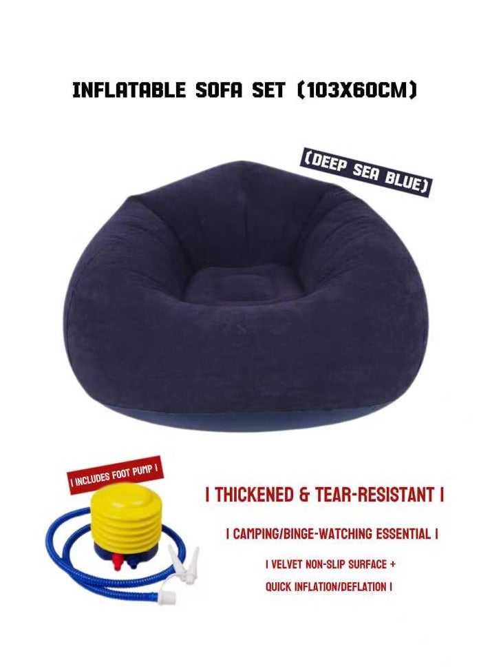 TNGames Blue Instagrammable Inflatable Sofa Set (103x60cm) | Velvet Non-Slip Surface & Quick Inflate/Deflate | Must-Have for Camping/Movie Nights | Includes Free Foot Pump | Thickened, Durable & Tear-Resistant - Image 1