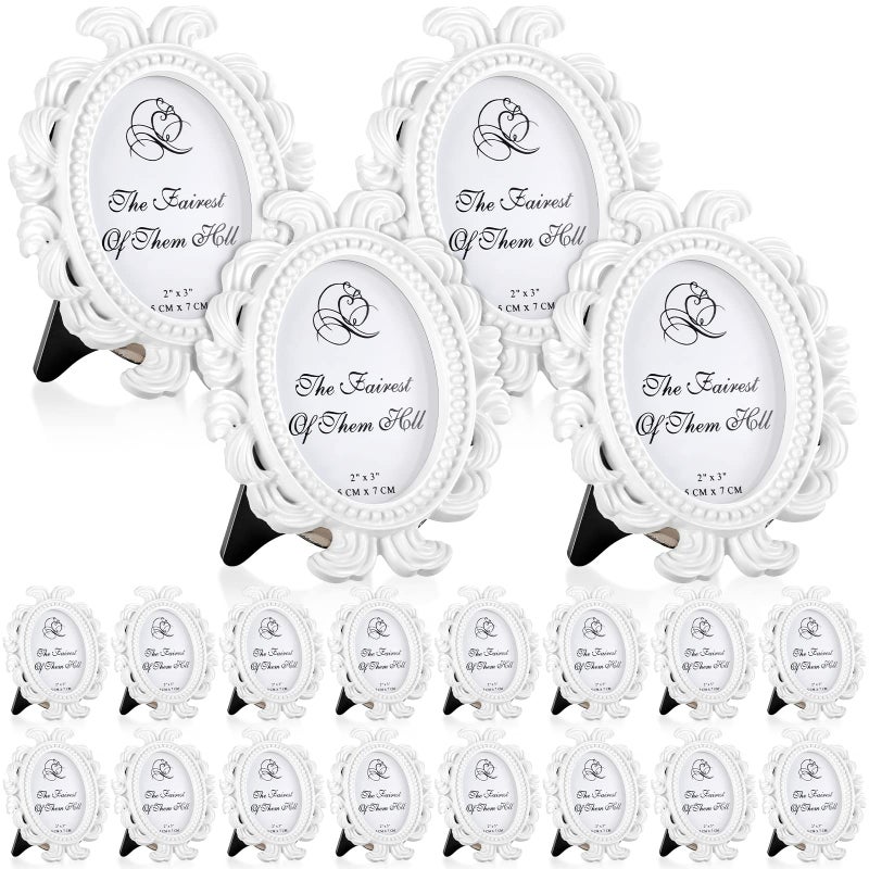 Vicenpal 20 Pieces Vintage Picture Antique Photo Frame Baroque Place Card Photo Holder Mini Picture Resin Oval Display Beaded Frame Christmas Holiday DecorWhite