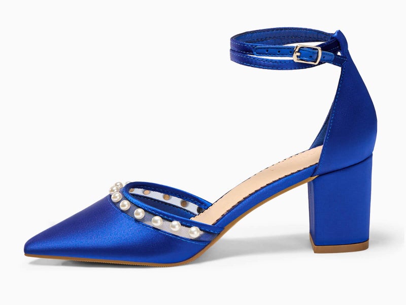 Coutgo Womens Pearl Chunky Heels Wedding Bride Dress Shoes Closed Pointed Toe Ankle Strap Satin Pumps, Royal Blue, Size 8 - Image 4