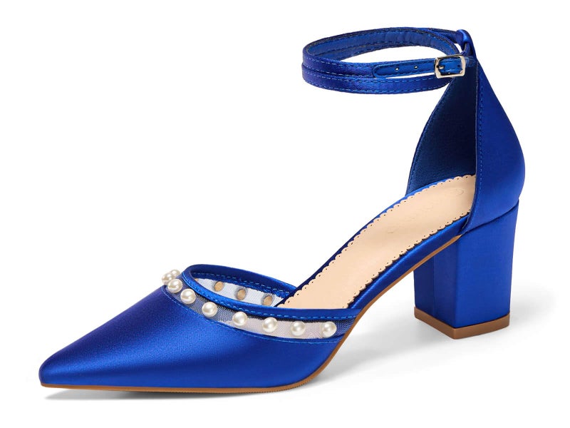 Coutgo Womens Pearl Chunky Heels Wedding Bride Dress Shoes Closed Pointed Toe Ankle Strap Satin Pumps, Royal Blue, Size 8 - Image 1
