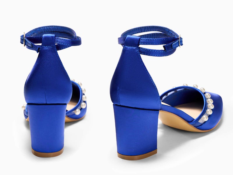 Coutgo Womens Pearl Chunky Heels Wedding Bride Dress Shoes Closed Pointed Toe Ankle Strap Satin Pumps, Royal Blue, Size 8 - Image 5