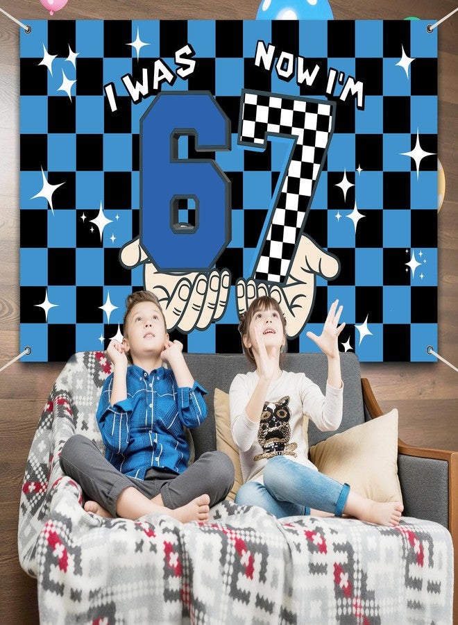 I was 6 Now I'm 7 Birthday Backdrop Banner,Blue Black Grid 6 7 Birthday Party Decorations,Pixelated Blocks 6 7 Birthday Party Background Photography - Image 2