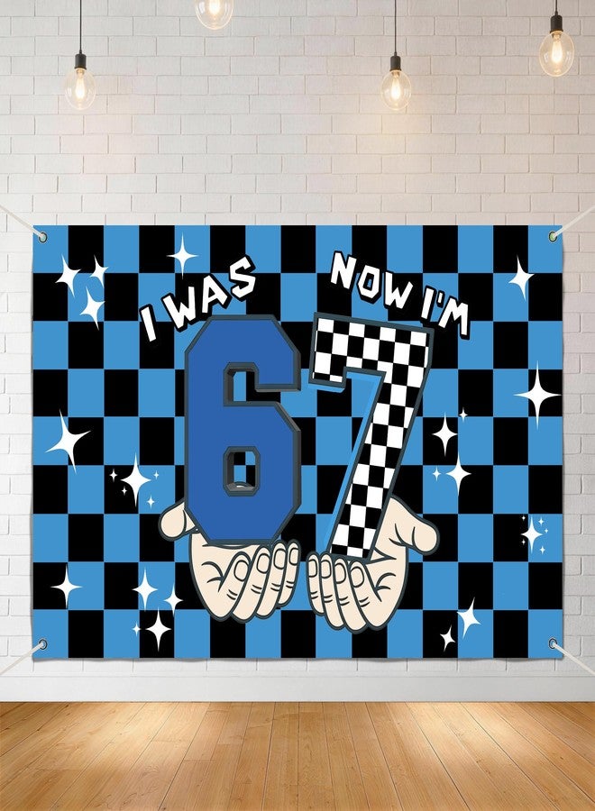 I was 6 Now I'm 7 Birthday Backdrop Banner,Blue Black Grid 6 7 Birthday Party Decorations,Pixelated Blocks 6 7 Birthday Party Background Photography - Image 1