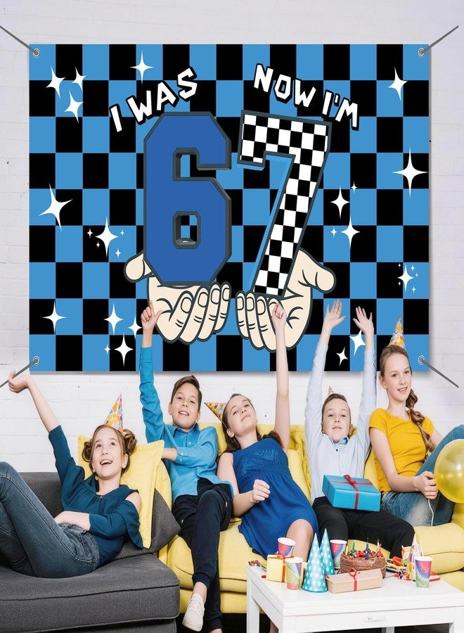 I was 6 Now I'm 7 Birthday Backdrop Banner,Blue Black Grid 6 7 Birthday Party Decorations,Pixelated Blocks 6 7 Birthday Party Background Photography - Image 3