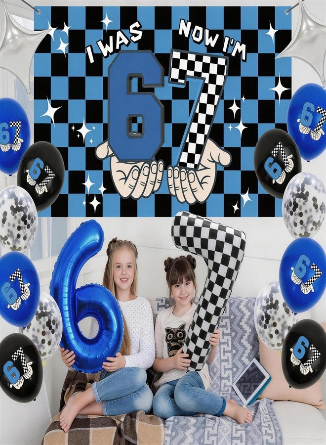 I was 6 Now I'm 7 Birthday Backdrop Banner,Blue Black Grid 6 7 Birthday Party Decorations,Pixelated Blocks 6 7 Birthday Party Background Photography - Image 4