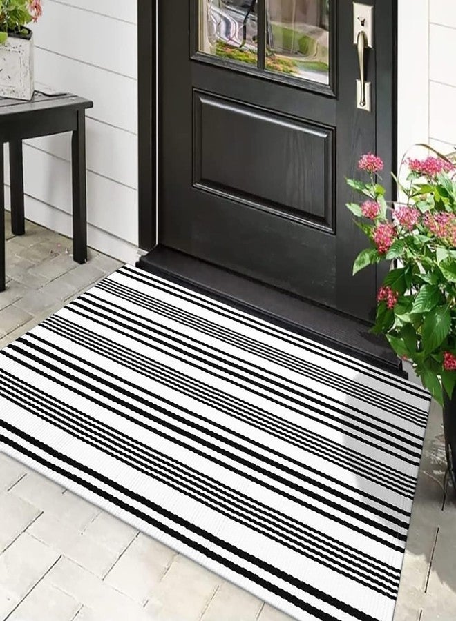 LEEVAN Black and White Striped Outdoor Rug, 27.5"x43" Cotton Modern Hand-Woven Reversible Front Porch Door Mat Welcome Layered Doormat Washable Doorway Carpet for Farmhouse Kitchen Laundry Room - Image 1