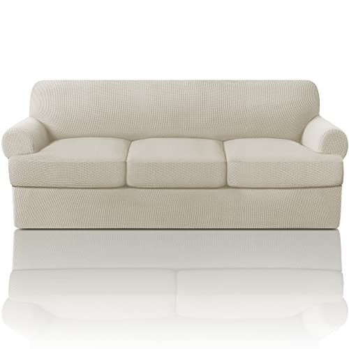 PrinceDeco T Cushion Sofa Slipcover 4 Pieces Sofa Covers for T Cushion Couch Soft Sofa Slip Covers Furniture Protector with 3 Individual T Shape Seat Covers (70"-88"), Island Fossi - Image 1