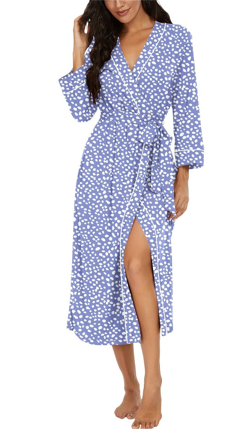 PrinStory Womens Robe Long Kint Bathrobe Lightweight Soft Robes Ladies Bath Robe Spot Blue-S - Image 1