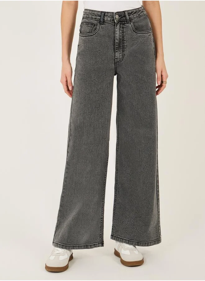 Styli Mid Rise Five-Pocket Style Wide Leg Jeans