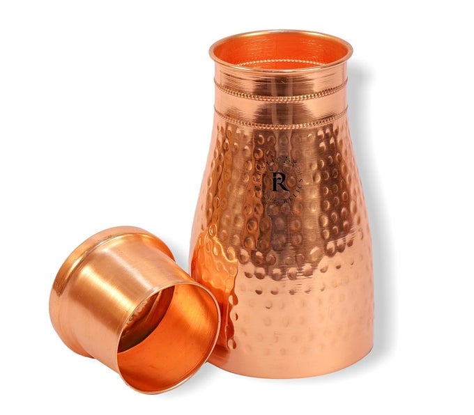 HAMMERED COPPER WATER BOTTLE JAR 1L WITH INBUIT GLASS IN LID ANTIQUE HAMMERED DESIGN KITCHEN AND BEDROOM SUGAR WATER POT