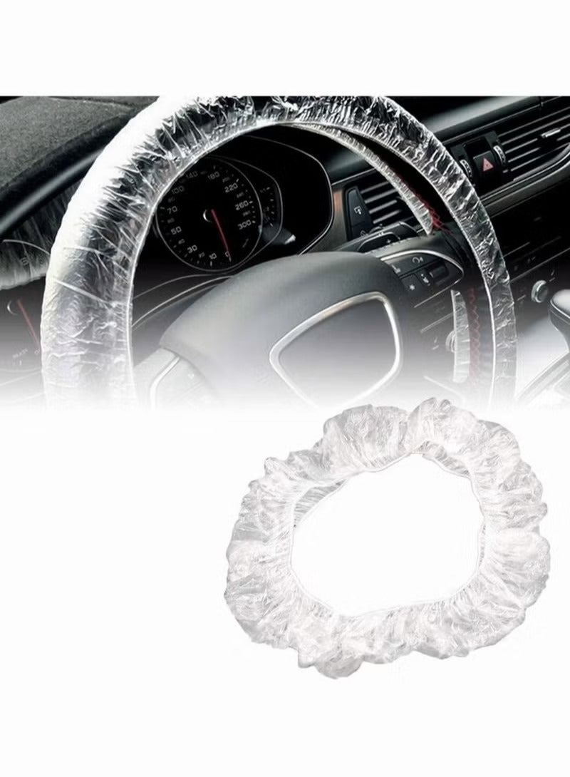 Disposable Steering Wheel Covers,  100 Pcs Plastic Elastic Pull Handle Steering Wheel Protective Covers for Car Vehicles (White) - Image 1