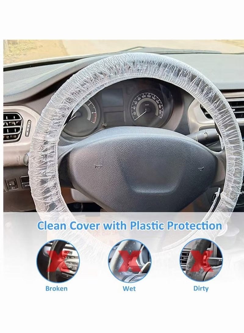 Disposable Steering Wheel Covers,  100 Pcs Plastic Elastic Pull Handle Steering Wheel Protective Covers for Car Vehicles (White) - Image 2