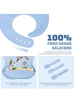 Snowie Soft ® Baby Feeding Set Of 10Pcs Food Grade Toddlers Silicone Food Plate Sipping Cup Bowl Set With Silicone Bib, Baby Cutleries, Self-Feeding Tableware Set For Toddlers, Sterilizable, Blue  - Image 5