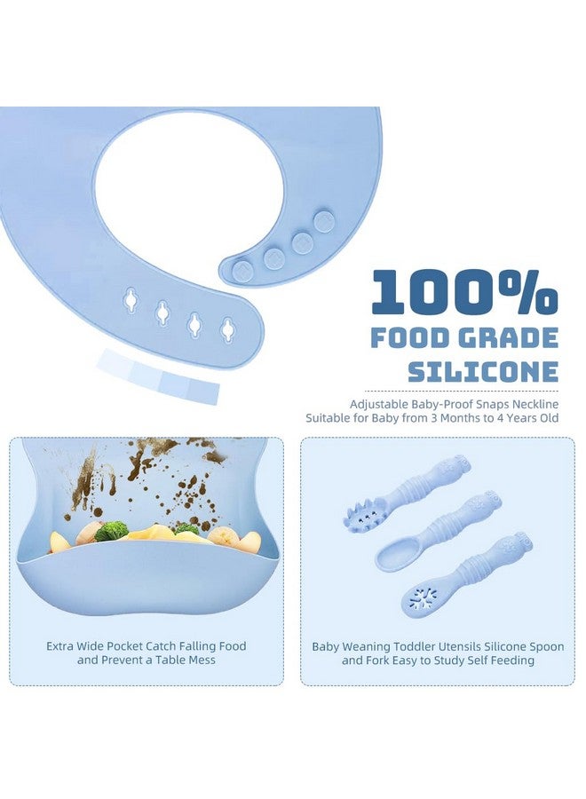 Snowie Soft ® Baby Feeding Set Of 10Pcs Food Grade Toddlers Silicone Food Plate Sipping Cup Bowl Set With Silicone Bib, Baby Cutleries, Self-Feeding Tableware Set For Toddlers, Sterilizable, Blue - Image 5