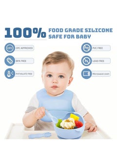 Snowie Soft ® Baby Feeding Set Of 10Pcs Food Grade Toddlers Silicone Food Plate Sipping Cup Bowl Set With Silicone Bib, Baby Cutleries, Self-Feeding Tableware Set For Toddlers, Sterilizable, Blue  - Image 2