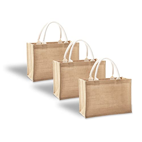 YACEYACE Jute Bags with handles, 14.5" x 6.7" x 10.2" Pack of 3 Medium Burlap Tote Bags, Reusable Bag for DIY, Shopping, Beach, Pool, Wedding Welcome Bag - Image 1