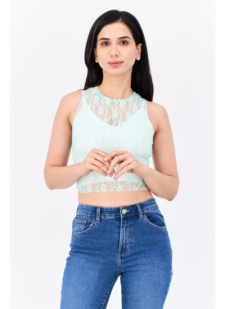 Bershka Women Round Neck Sleeveless Eyelet Tops, Mint Green  - Image 1