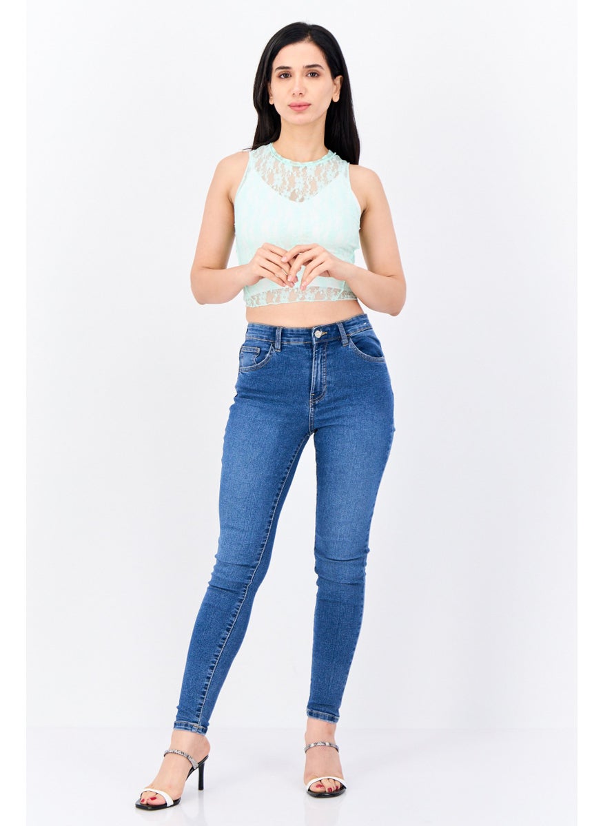Bershka Women Round Neck Sleeveless Eyelet Tops, Mint Green  - Image 4