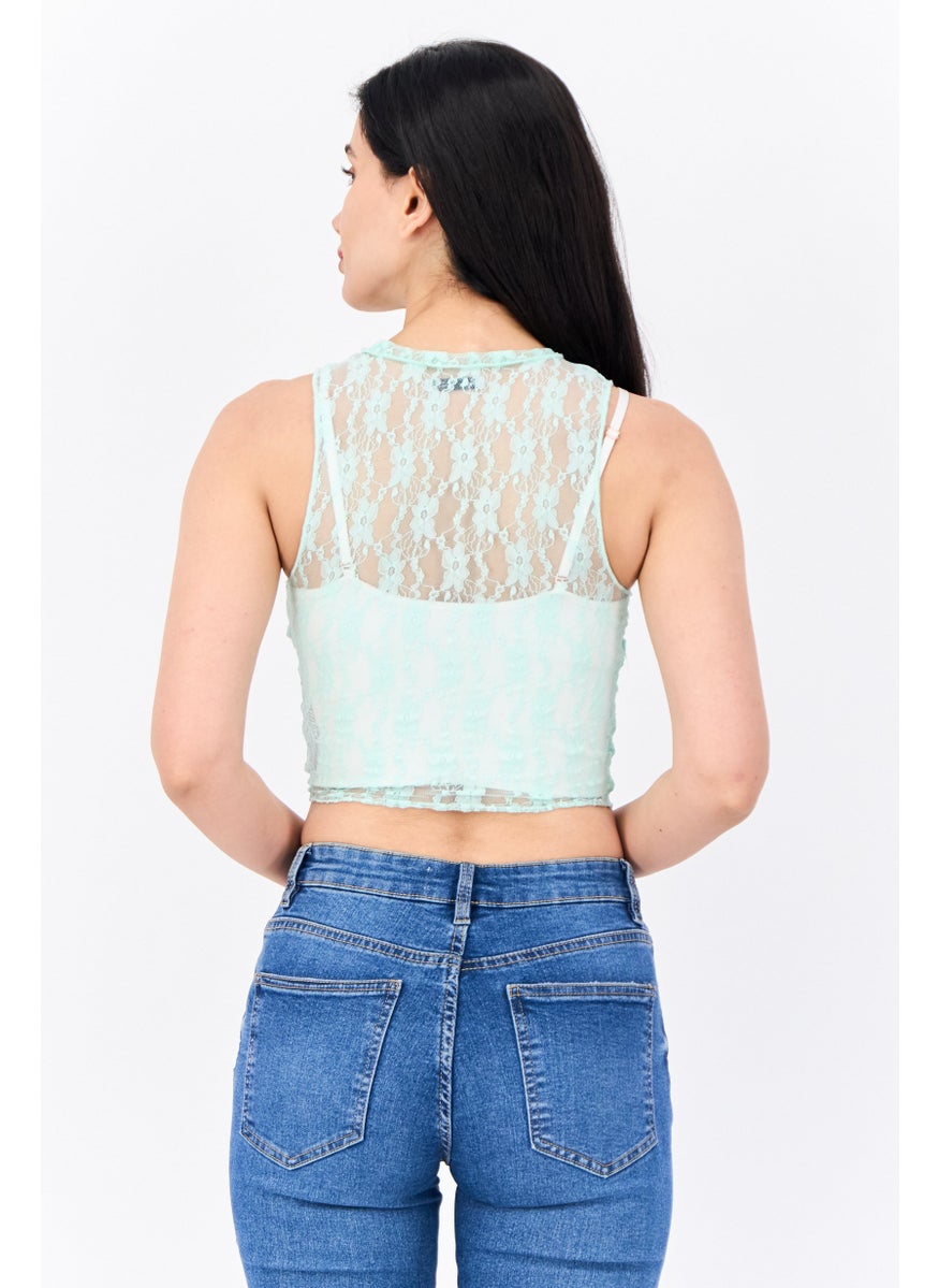 Bershka Women Round Neck Sleeveless Eyelet Tops, Mint Green  - Image 3