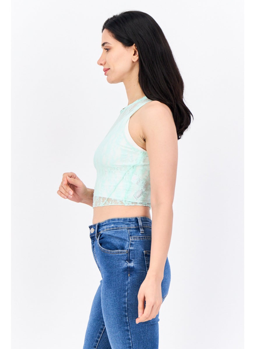 Bershka Women Round Neck Sleeveless Eyelet Tops, Mint Green  - Image 2