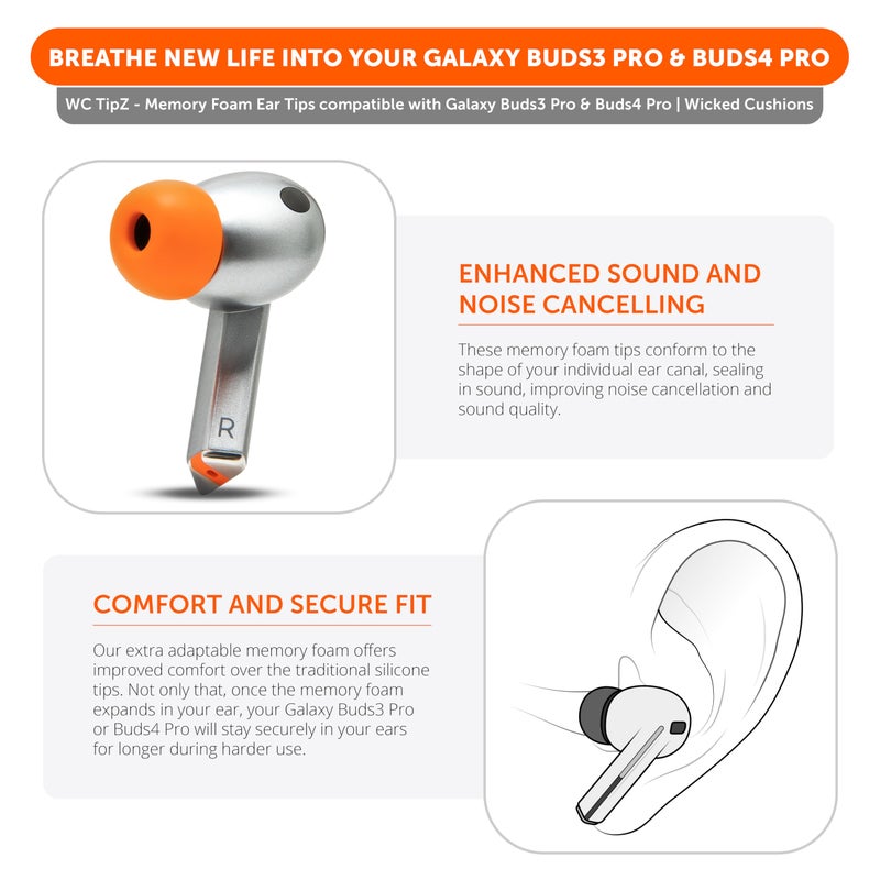 WC TipZ Galaxy â€“ Memory Foam Ear Tips Compatible with Samsung Galaxy Buds Pro 3 & Pro 4 by Wicked Cushions | Improved Comfort, Tighter Seal & Better Foam Rebound Time | Orange - Image 3