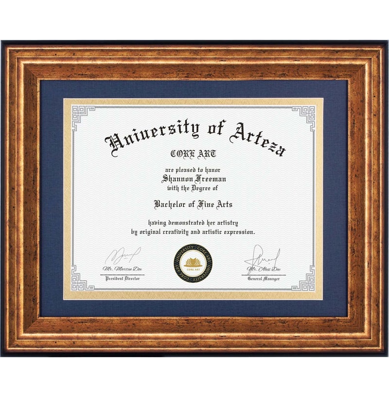 CORE ART 11x14 Diploma Frame for 85 x 11 with Navy Mat or 11 x 14 without Mat College Degree Document Certificate Frame for Wall DisplayDistressed Gold